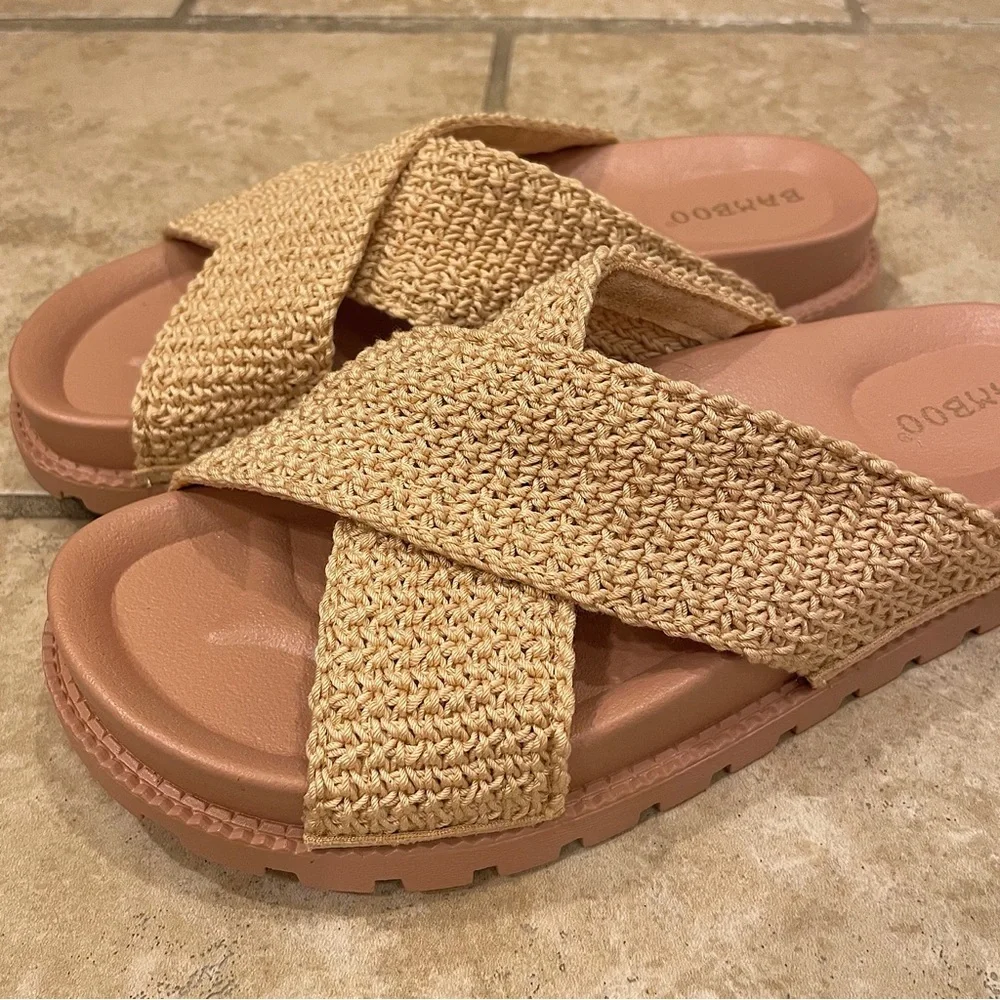 Awaken Natural Flyknit Criss Cross Slide Sandals. - Picture 9 of 16